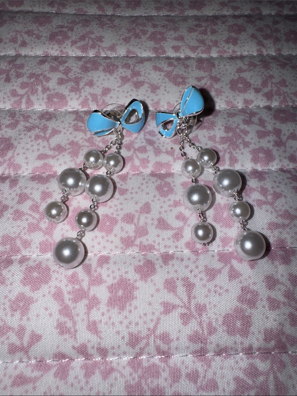 Source Unknown Light Blue Bow and Pearl Dangle Earrings - Women Jewelry